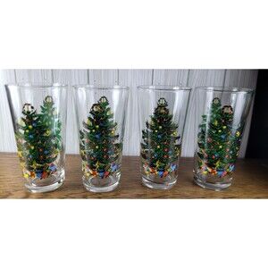 Set of 4 Vintage KIG Indonesia Holiday Christmas Tree Glass Tumblers heavy!